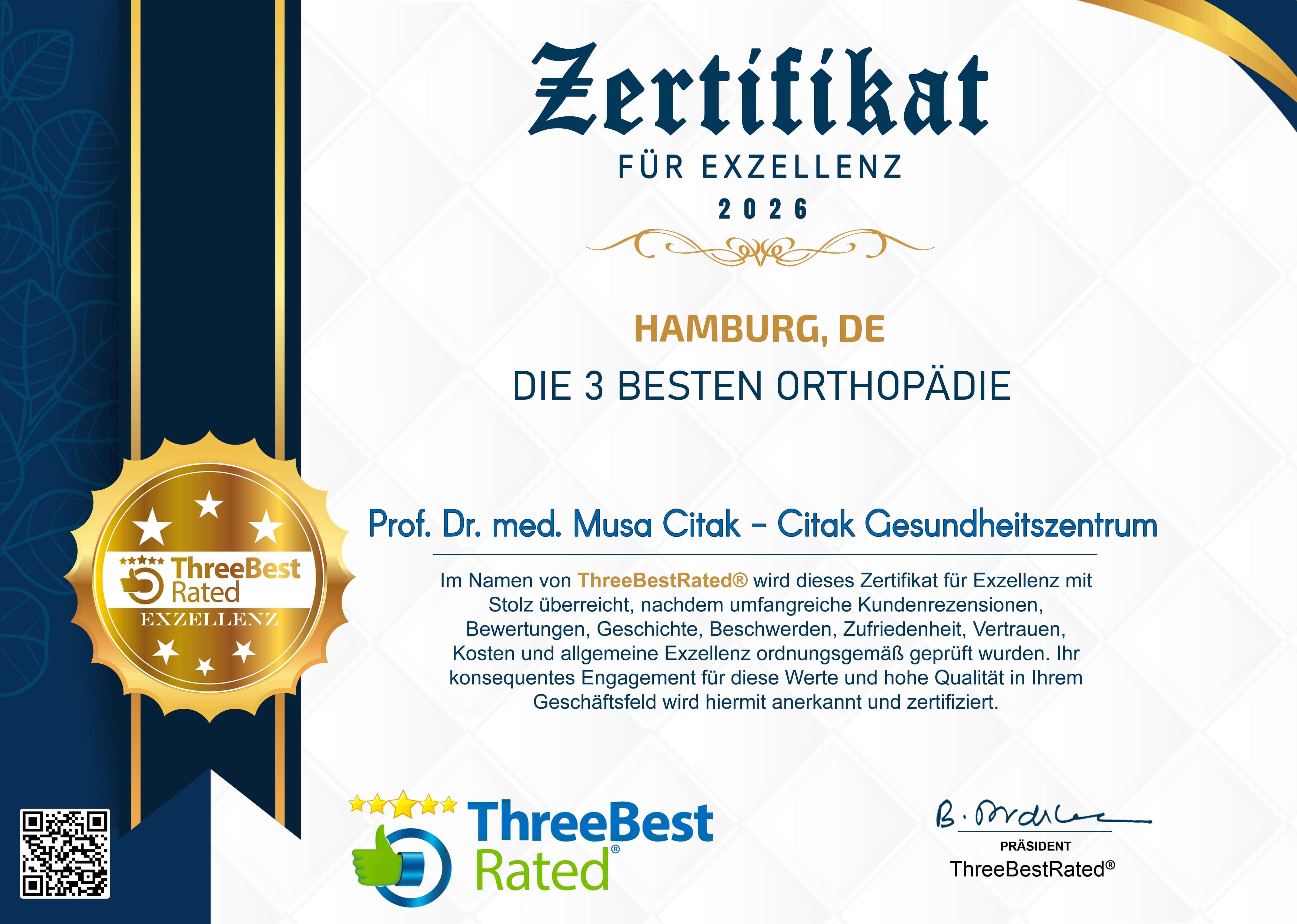 ThreeBestRated certificate 2026 for Prof. Dr. med. Musa Citak